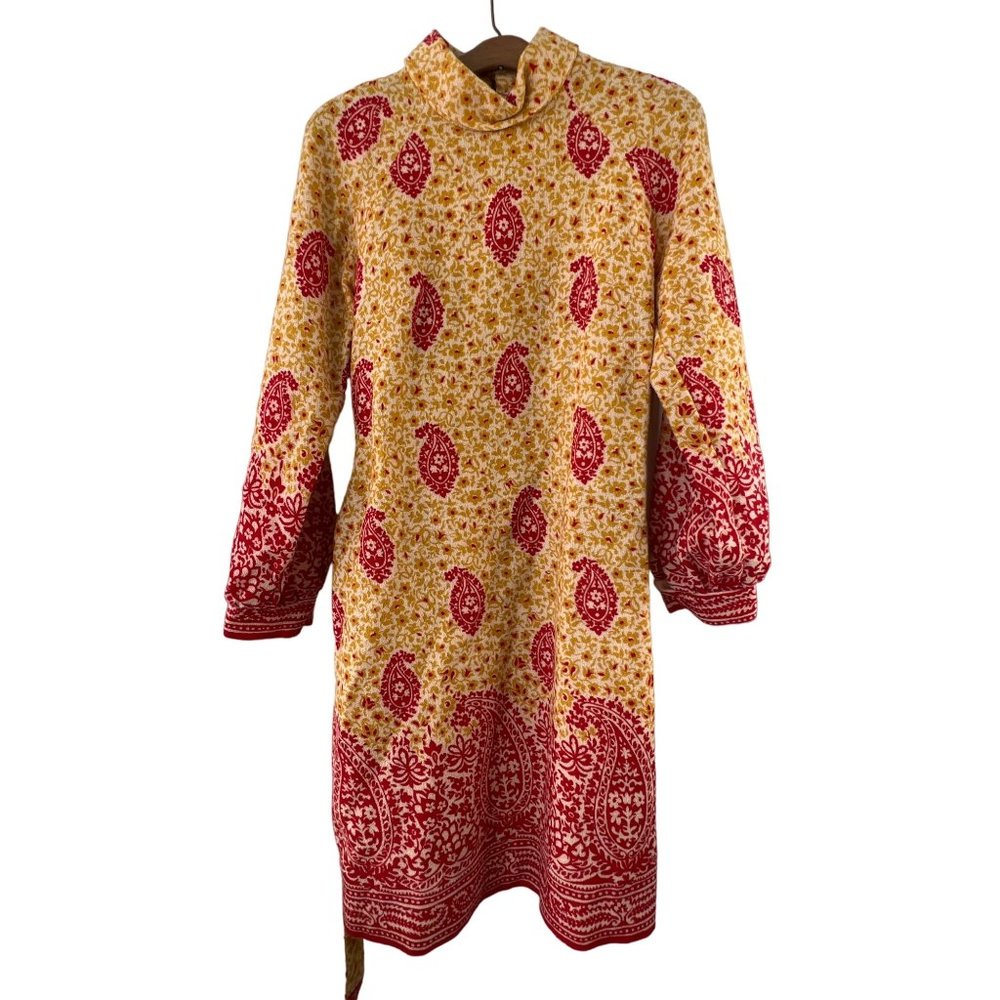 Vintage 70s Miss Couture Paisley Wool Long Sleeve Belted Dress Womens 14 Yellow